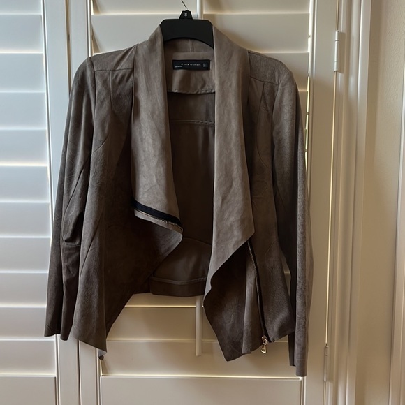 Zara Faux Vegan Suede Moto Jacket Asymmetrical Zip Fitted Draped Collar - Picture 3 of 10